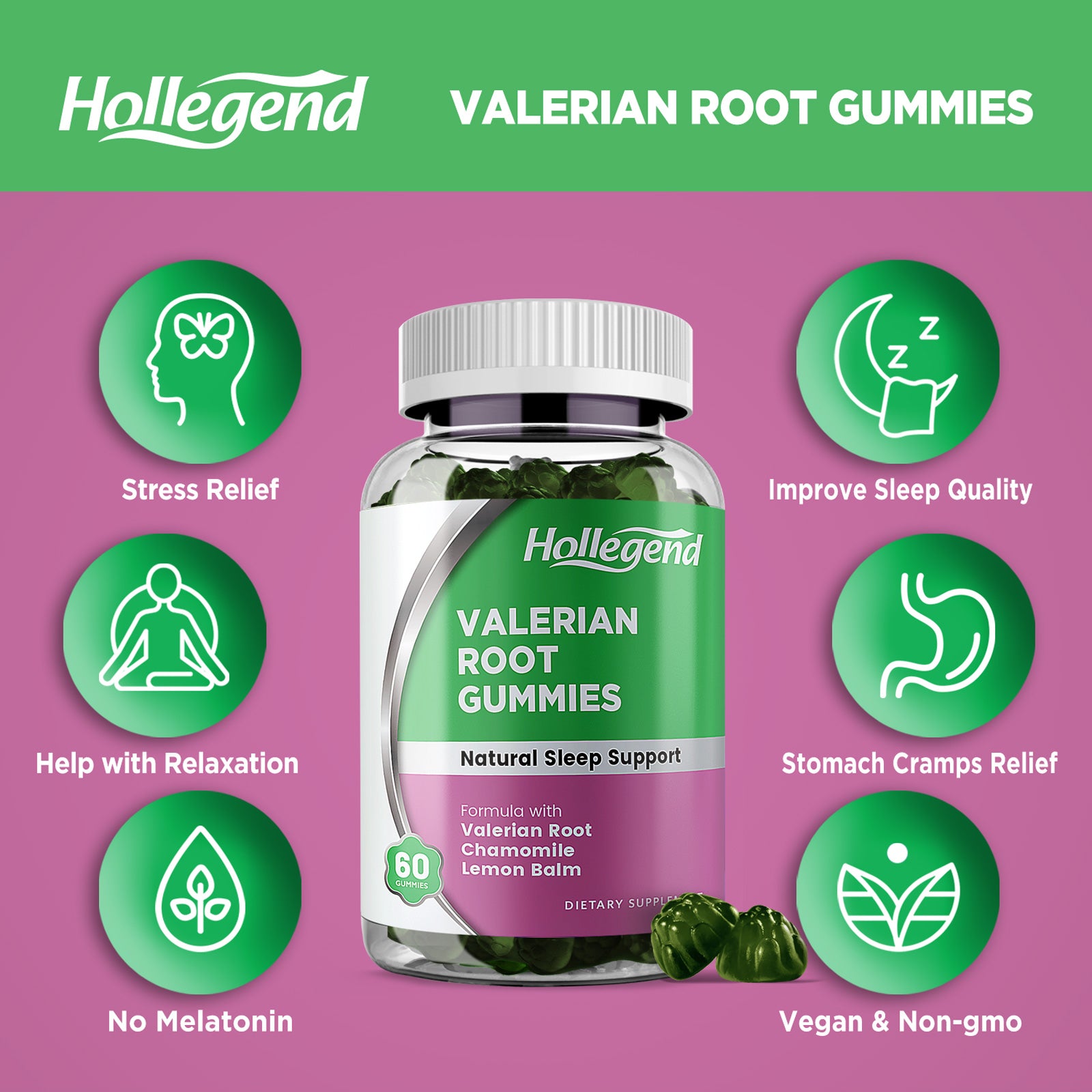 Valerian Root Gummies with Lemon Balm & Chamomile, Natural Sleep Support & Stress Relief Herbal Supplements, No Melatonin, Organic, Vegan, Non-GMO, 60 Chewables