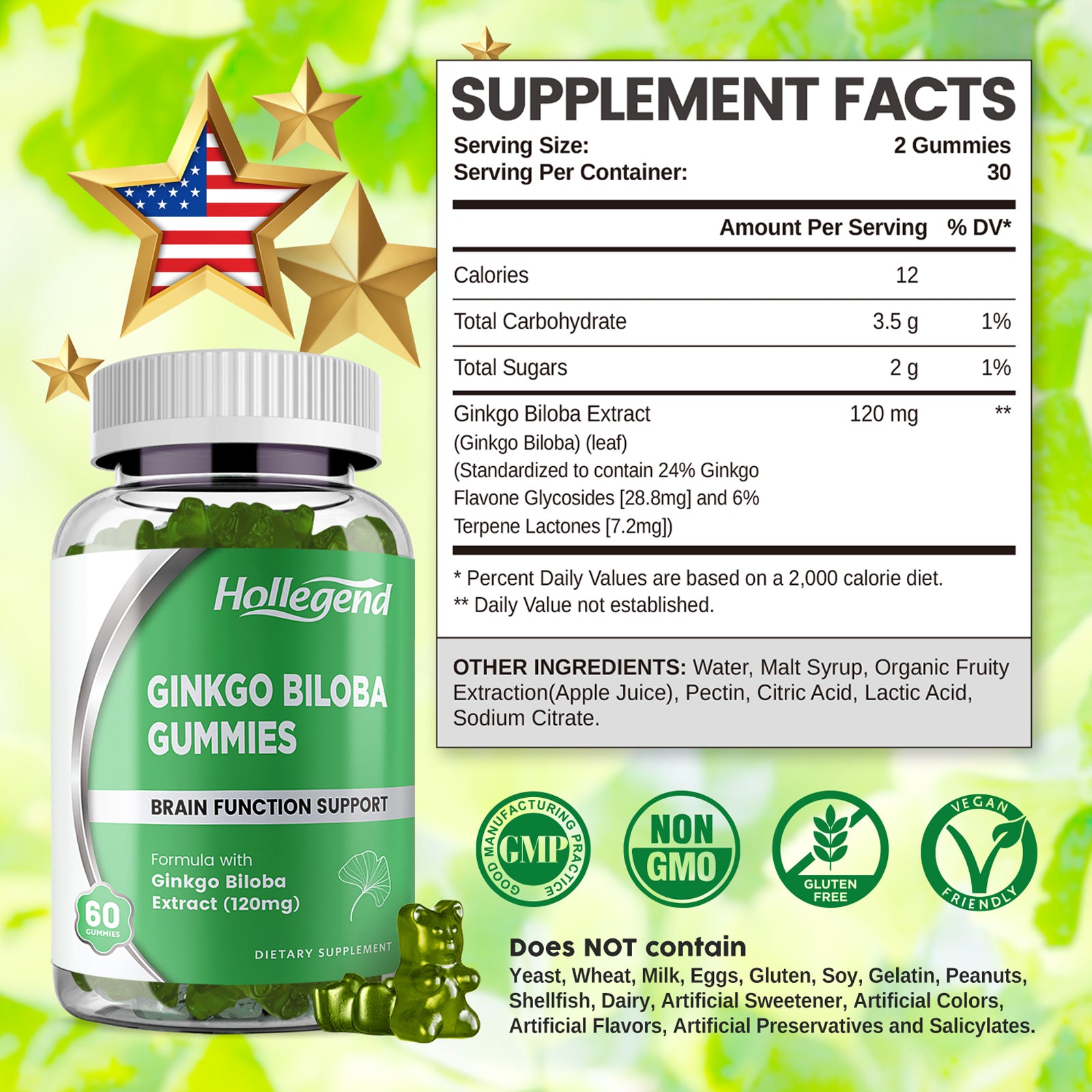 Ginkgo Biloba Supplement Gummies, Ginko Biloba 120mg Chewables for Brain Function & Healthy Circulation, Vegan, Organic, 60 Gummies